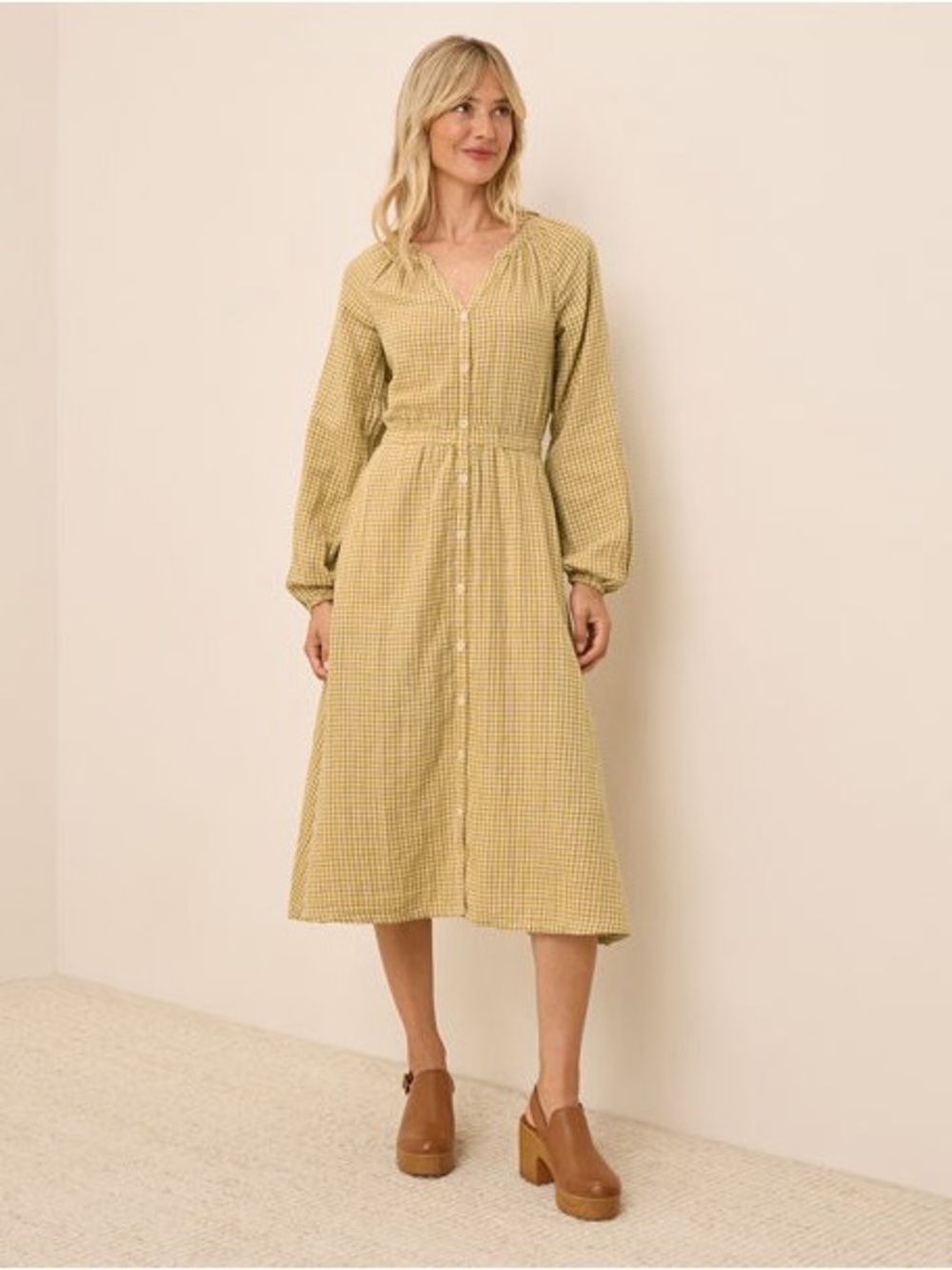 Pact Coastal Double Gauze Poet Sleeve Midi Dress Sz Small Gold Gingham